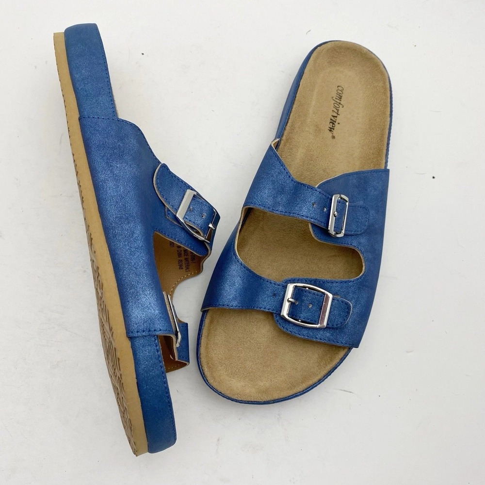Comfortview Womens Blue Metallic Two Strap Slide Sandals 10WW 38-5950-7